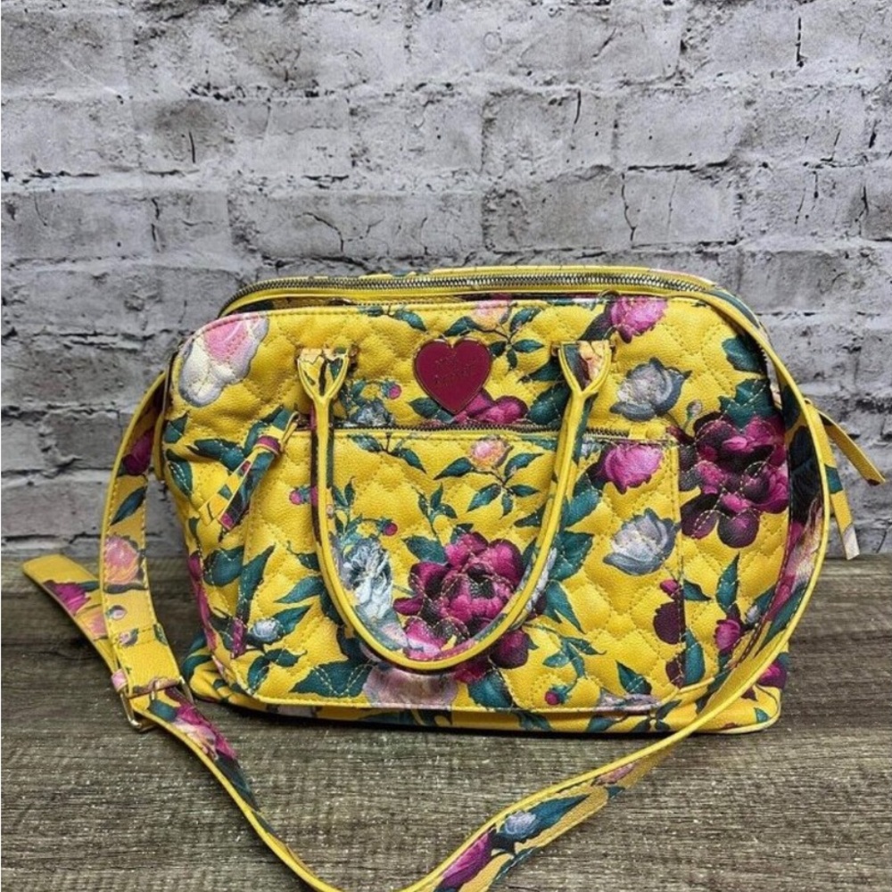Betsey Johnson Women’s Yellow Floral Hand bag Double Strap Multi Zip 10x15
